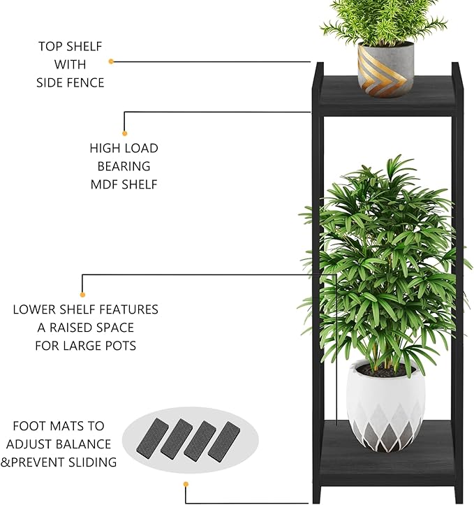 2-Tier Plant Stand Indoor, 34" Tall Modern Plant Shelf Corner Flower Pot Holder Organizer for Living Room Balcony Garden, Black