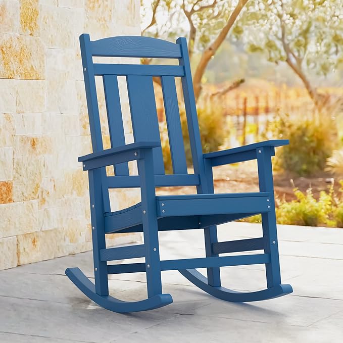 LUE BONA Rocking Chair Outdoor, Weather Resistant Poly Plastic Rocker Chairs, 350lb Heavy Duty, Oversized Porch for Adult, High Back Smooth Chairs Outdoor & Indoor, Blue