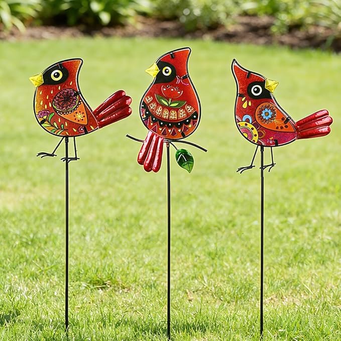Decorative Garden Stakes,Set of 3 Cardinal Stained Glass Metal Yard Art,Waterproof Outdoor Decor Housewarming Present for Women Mom Grandma