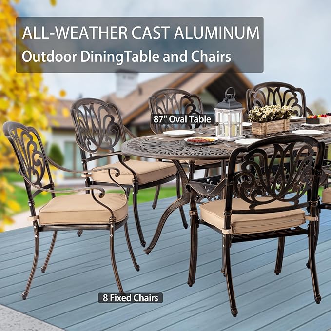 9-Piece Cast Aluminum Patio Furniture, Outdoor Dining Sets for 8 Include 87" Oval Patio Dining Table and 8 Stackable Chairs with Cushions & Umbrella Hole (Bronze)