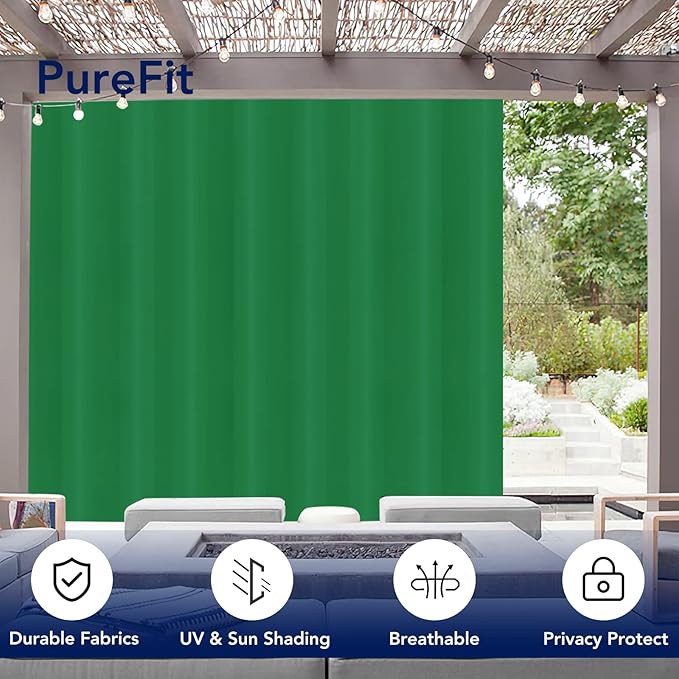 PureFit Outdoor Curtains for Patio Waterproof Weatherproof, UV Resistant Outside Curtains for Gazebo, Front Porch, Pergola, Sun Blocking Privacy Curtain, 120W x 84L inch, 1 Panel, Green