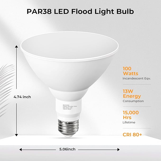 PAR38 Outdoor Flood Light Bulbs, LED Flood Light Bulb Warm White 3000K, 100W Equivalent, 1050LM, Dimmable E26 Base for Porch Garage Yard, 6 Pack