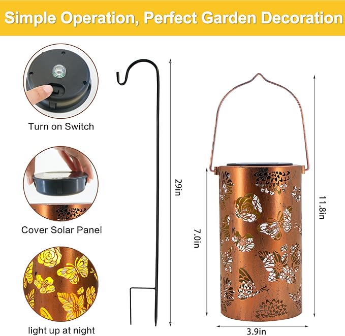 Butterfly Flower Birthday Gifts for Women, Solar Lanterns Outdoor Waterproof, Garden Decor Metal Hanging Decorative Solar Lights for Patio Yard Backyard Porch, Gardening Gifts for Women Mom Grandma