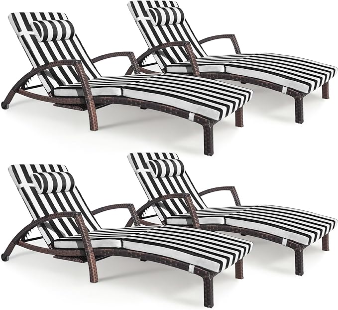 Chaise Lounge Chairs Outdoor Set of 4, Comfy Outside Wicker Patio Pool Lounge Chair w/ 5 Adjustable Back Angle, Cup Holder, Thicken Cushion