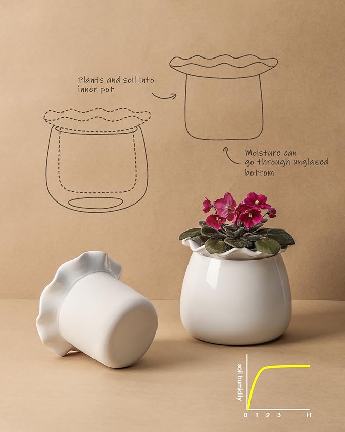 Self Watering Plant Pot, 6 Inch African Violet Pots Maintenance, Ceramic Self-Watering Planter for Indoor Plants - Ideal Flower Pot for Thriving Indoor Gardens, White