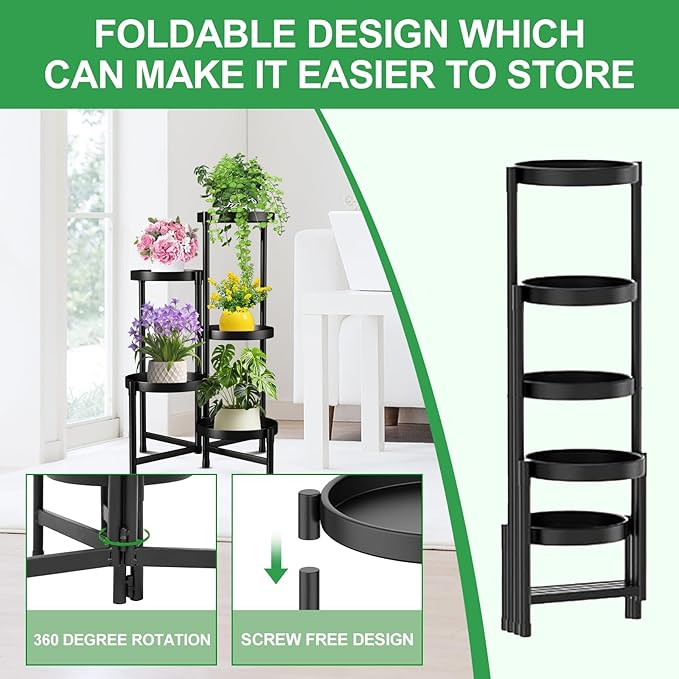 Plant Stand Indoor Outdoor 5 Tier Black Metal Plant Holder 31 in Tall 9 in Wide,Tiered Flower Pot Display Stand,Multiple Plant Stand for Living Room Corner Garden Patio Lawn Balcony