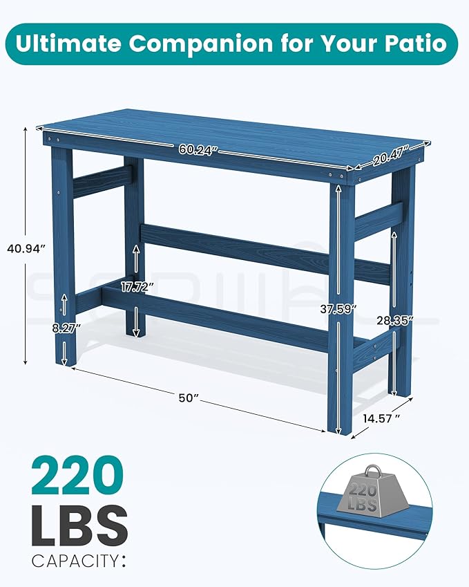 SERWALL 41" Outdoor Bar Table, HDPE Patio Bar Counter Height Table, All Weather Adirondack Outdoor Bar Height Table, Rectangle Patio Bar Table for Outside, Garden, Backyard, Balcony, Poolside, Blue