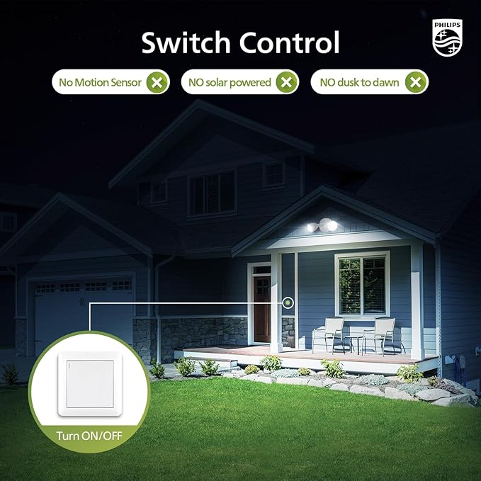 Philips 44W 3500LM ‌LED Security Flood Light‌ ‌Outdoor‌，Switch Controlled Aluminum ‌Security Light‌, 2 Adjustable Heads，5000K Daylight，Wet Location for Patio, Garden, Yard Lights