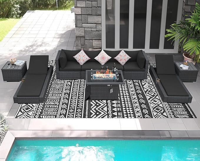 NICESOUL 9 Piece Patio Furniture Set with Fire Pit Table Propane/Natural Gas, 29.3'' High Back Extra Large Outdoor Sectional with Firepit & Chaise Lounge, Deep Seated PE Wicker Conversation Set, Gray