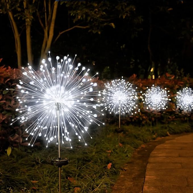 JJGoo Solar Firework Lights, 2 Pack 135 LEDs 2 Lighting Modes Solar Lights Outdoor Waterproof for Garden Patio Walkway Pathway Party Wedding Christmas Decorative - White