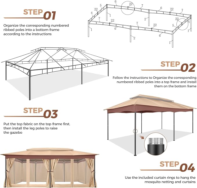 COBIZI Gazebo 12x20 Heavy Duty Gazebos with Curtain and Netting Outdoor Gazebo Canopy Double Roof Patio Gazebos with Metal Steel Frame for Patio, Deck, Backyard-Khaki