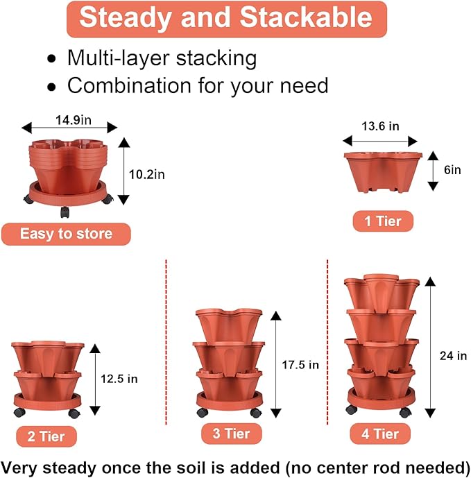 GameXcel Vertical Planter 4 Tier Stackable Planters Garden Planters Strawberry Herb Flower and Vegetable Planter Indoor Outdoor Gardening Pots with Removable Wheels and Tools 2-Pack