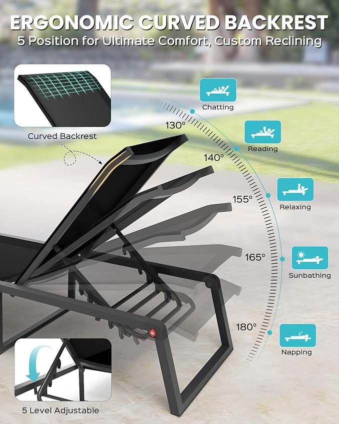 Aluminum Chaise Lounge Chair Outdoor, Foldable & Assembly Free Patio Pool Lounge Chairs 5-Position Recliner for Outside Poolside, Fully Grounded Legs Sun Lounger for Beach, Yard, Black