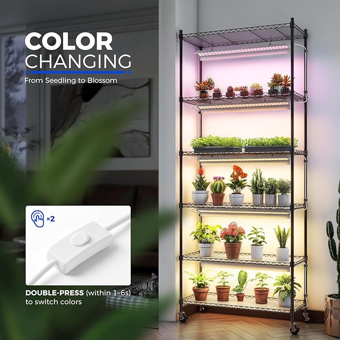 Barrina CX2 Plant Stand with Grow Lights for Indoor Plants, 6-Tier Metal Plant Shelf Display Rack with 2FT 150W Full Spectrum Plant Light, 3 Adjustable Spectrum, Timer, for Growing, 29.5x13.8x71IN