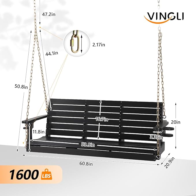 VINGLI Heavy Duty 1600 LBS HDPE Porch Swing Outdoor with Rotatable Cup Holder, 5 FT Patio Bench Swing with Adjustable Chains, 3 Person Hanging Porch Swing Chair for Porch, Yard, Tree, Garden - Black