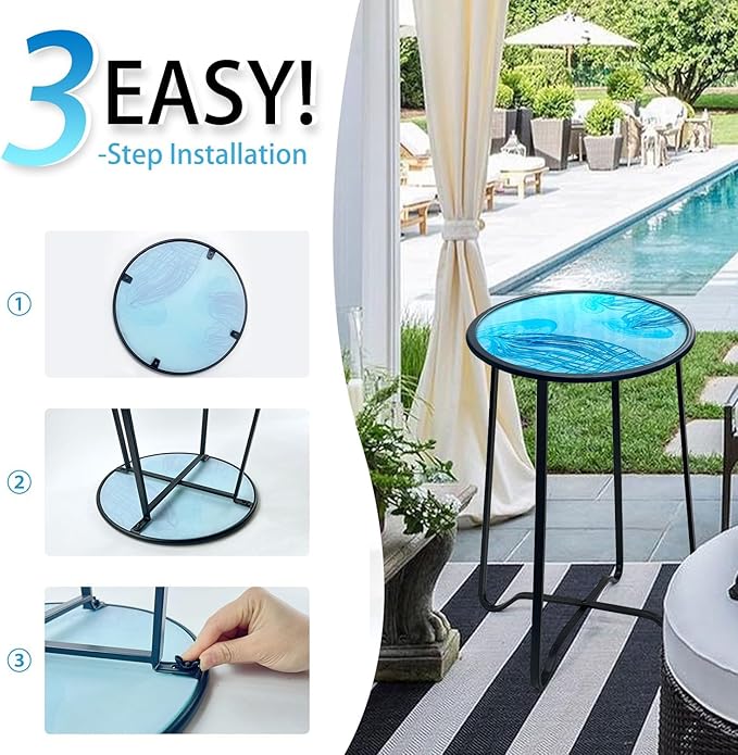 LIFFY Outdoor Side Table,14" Indoor Outdoor Round Glass Tabletop Accent Table with Metal Frame, Decorative Plant Stand & End Table for Home, Patio, Garden