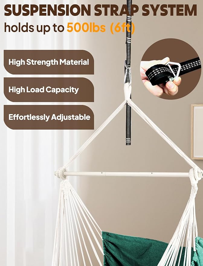 Chihee Hammock Chair Hanging Swing Max 500 Lbs 2 Cushions Included Metal Spreader Bar with Anti-Slip Grooves Portable Hanging Chair Side Pocket Large Macrame Bohemian Chair Indoor Outdoor