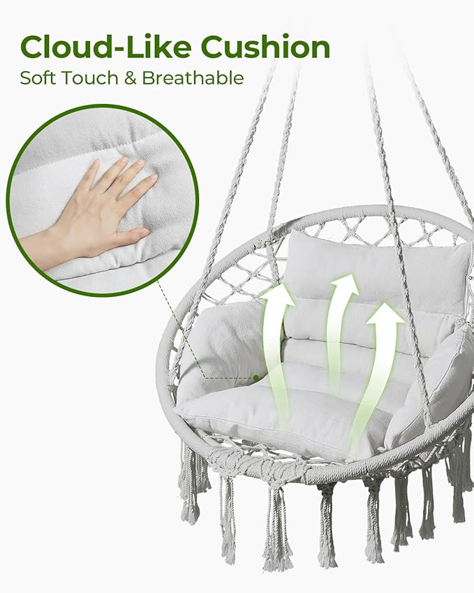 Greenstell Hammock Chair, Macrame Swing Chair with Comfy Cushion, Boho Hanging Chair for Outdoor & Indoor, Perfect for Bedroom, Patio, Balcony, Hold up to 330Lbs, Grey