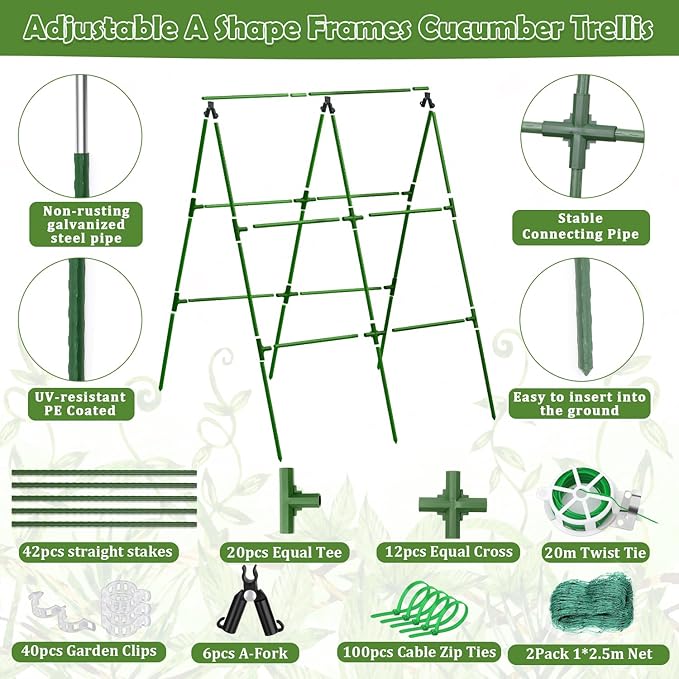 2 Packs Cucumber Trellis for Raised Beds, 31 X 47 Inch Adjustable Size A-Frame Garden Trellis for Climbing Plant Outdoors with Climbing Net and Plant Support Clip for Vegetable Grape Garden Supplies
