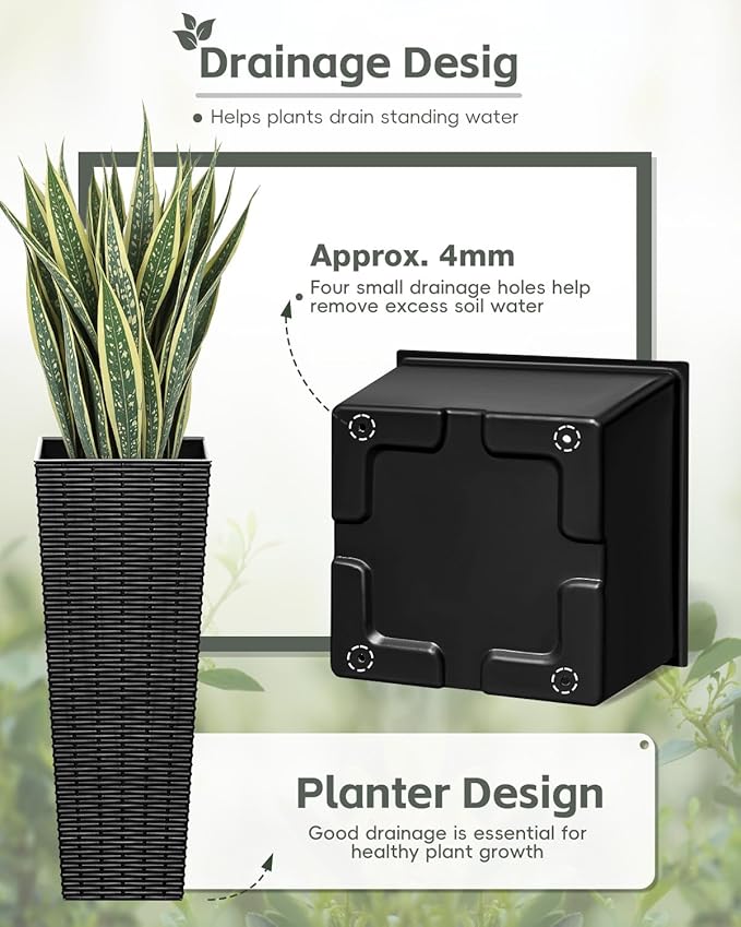 Greesum 24 Inch Tall Plastic Planters (Set of 2), Detachable Inner Pot & Drainage Holes, Outdoor Decorative Flower Pots for Large Plants, Trees, Patio, and Garden, Black