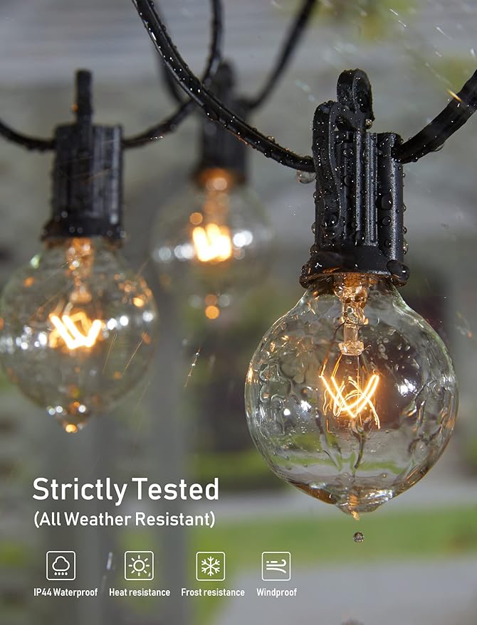 Brightown Outdoor String Lights 30FT G40 Globe Patio Lights with 27 Edison Glass Bulbs(2 Spare), Waterproof Connectable Hanging Light for Backyard Porch Balcony Party Decor, E12 Socket Base, Black
