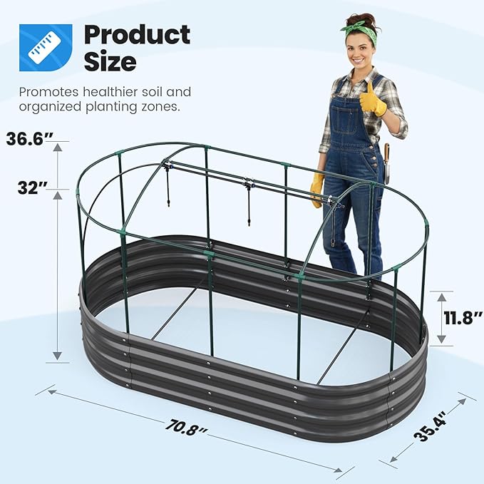 Quictent Galvanized Raised Garden Bed Kit with Self Watering System and Mesh Cover, Large Oval Metal Outdoor Planter Garden Boxes for Vegetables Herbs Flowers, 6x3x1Ft