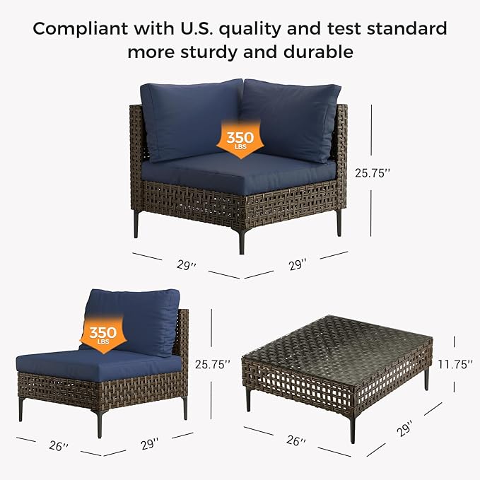 Grand patio Wicker Patio Furniture Set, All Weather Outdoor Sectional Sofa with Blue Thick Cushions and Coffee Table, 7 Pieces Sectional, Brown