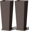 Greesum Set of 2 Tall Plastic Planters with Saucer, 32 Inch Large Pots with Drainage Trays, Weather-Resistant Plastic Plant Containers for Patio, Porch, Garden,Brown