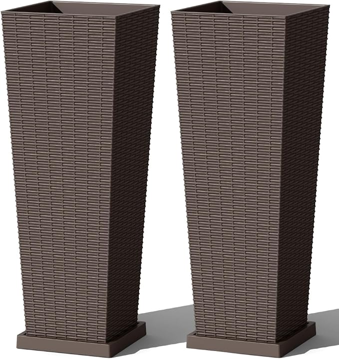 Greesum Set of 2 Tall Plastic Planters with Saucer, 32 Inch Large Pots with Drainage Trays, Weather-Resistant Plastic Plant Containers for Patio, Porch, Garden,Brown