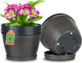Quarut 4 Pack 8 Inch Flower Pots for Outdoor Indoor, Plastic Plant Pots with Drainage Hole & Saucer, Lightweight Small Flower Pot, Circle Pattern Planters for Garden House planters（Brown）