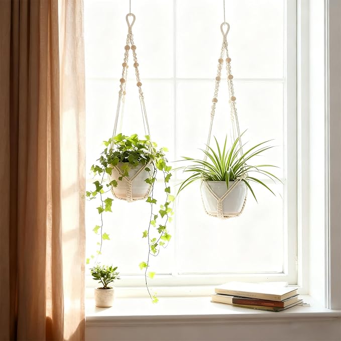 Macrame Plant Hanger, Up to 4-15 inch Pots, Wood Beads Cotton Hanging Planter Holder for Indoor Outdoor Boho Home Decor, 35 Inch, Set of 2 (Ivory)