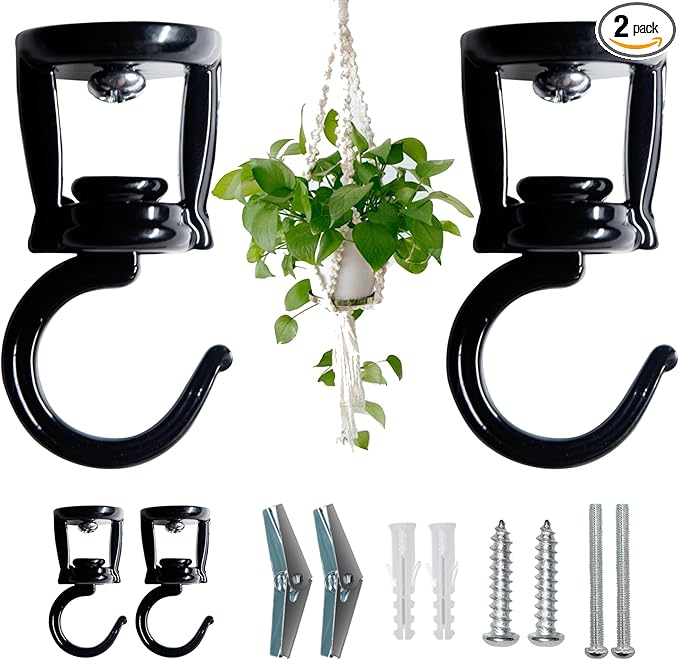 ONIKK Ceiling Hooks for Hanging Plants (2 PCS Black), Heavy Duty Metal Plant Hooks, Screw in Hooks for Hanging Birdfeeders, Lamps, Planters, Indoor Outdoor Wall Baskets Hooks up to 33 lbs