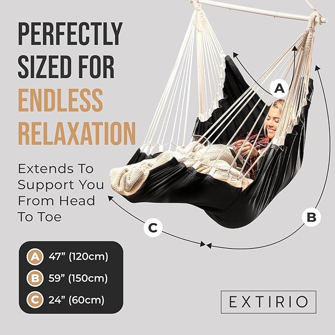 Hanging Hammock Chair Swing – Hanging Chair Outdoor & Indoor - Hammock Swing Chair – Quick & Easy Setup with Hardware Kit – Durable & Spacious Full Body Support with 2 Plush Cushions – Holds 440 Lbs
