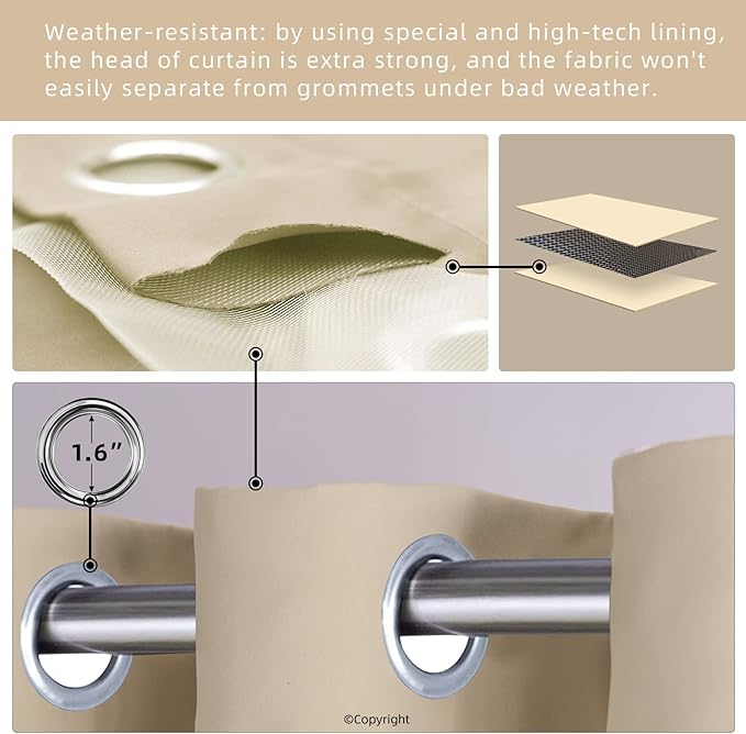 DIVA EN CAMINO DEC Waterproof Outdoor Curtain W105 x L84 - Grommet Top Sunlight Blocking Window Treatment Drapes Blackout Curtains for Home Bedroom Living Room Outdoor Patio Porch (Beige, 2 Panels)