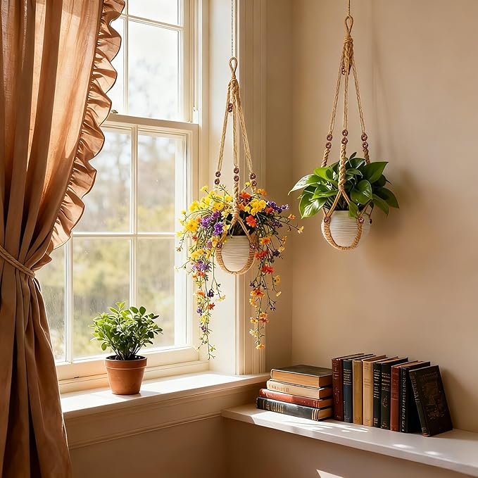 35 Inch Macrame Plant Hanger, Large for up to 15 Inch Pot Extra Long Hanging Planter Holder Basket with Wood Beads for Indoor Outdoor Home Decor (Brown, 1-Pack)