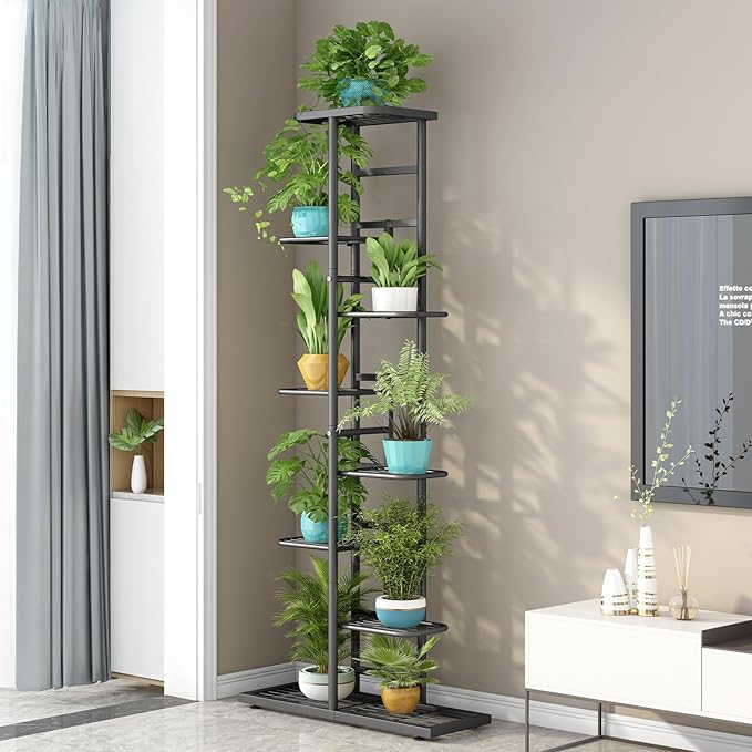 LINZINAR Plant Stand Indoor Outdoor Metal 8 Tier 9 Potted Multiple Flower Pot Holder Shelf Indoor Outdoor Planter Display Shelving Unit for Patio Garden Corner Balcony Living Room