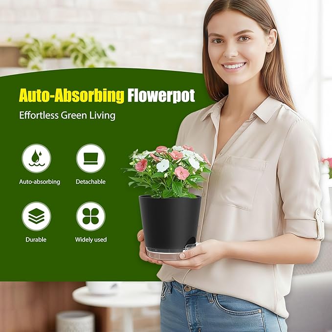 Plant Pots 6 Inch Self Watering Pots,6 Pack Plastic Planters with Drainage Holes and Clear Saucers,Plastic Flower Pots,Nursery Planting Pot for Indoor Out Door Plants (Black)