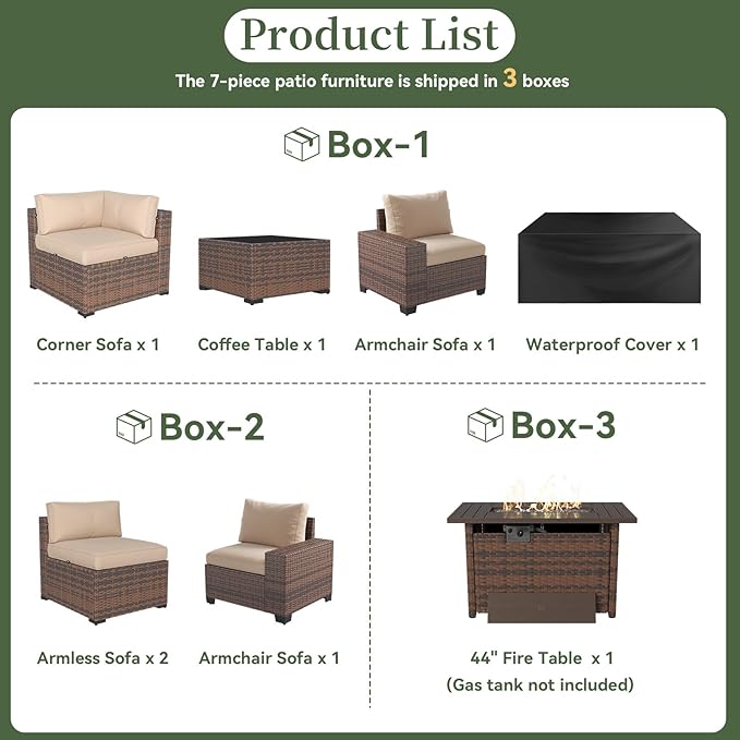 Aoxun 7 Piece Patio Furniture Set with Wide Armrests & 44” Fire Pit Table Wicker Rattan Outdoor Sectional Sofa Set with Coffee Table and Thickened Cushions, Brown/Beige(Waterproof Cover Included)