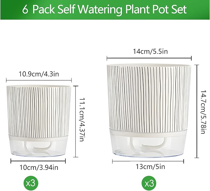 6 Pack Self Watering Pots for Indoor Plants, Flower Planters with Wick Rope & Reservoir, 4" + 5.5" Plastic Pots for African Violet, Orchid, Succulent, Herbs