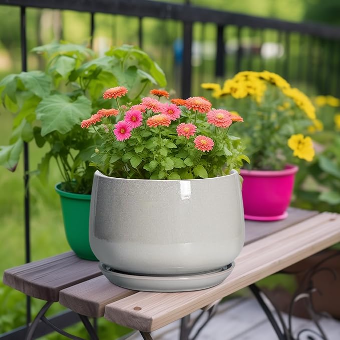G EPGardening Ceramic Plant Pots - 9 Inch Ceramic Planters for Indoor Outdoor Plants, Modern Flower Pots with Drainage and Saucer, Round Planter, Garden Home Decor, Plant Lover Gifts, Light Grey