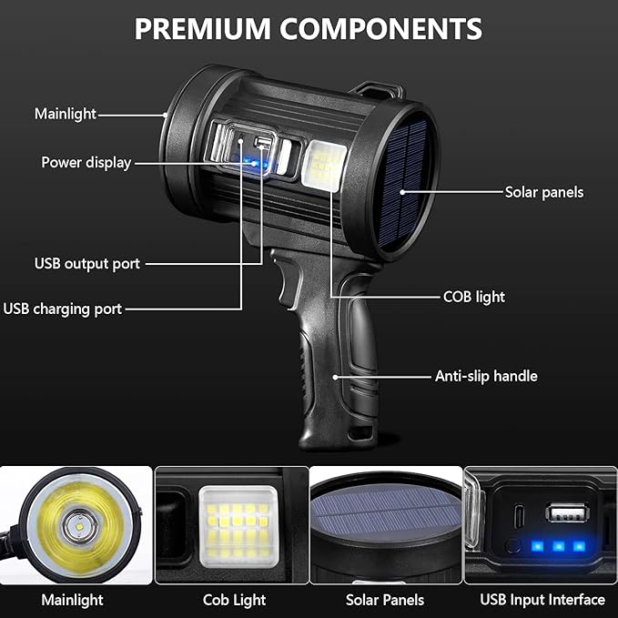 MIXILIN Rechargeable Spotlight, 99,000 Lumens Handheld Hunting Flashlight Led Spot Light with Cob Light and Solar Panels, Lightweight and Super Bright Spotlight for Hunting Boating Camping