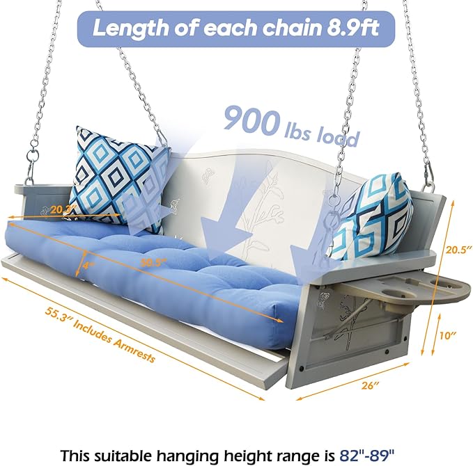 3-Seat Metal Porch Swing 900 LBS Heavy Duty Hanging Bench with Upgraded Tray & Cushions Rust-Resistant Finish Swing Chair with 8.9FT Chains for Patio Lawn Garden