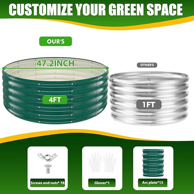 17" Tall Elevated Round Metal Rised Garden Bed- 4'x4' in Size and 0.8MM Thick Durable Planter Box for Vegetables Flowers Succulent at Patio/Garden Outdoor (Dark Green, 4FT Diameter)