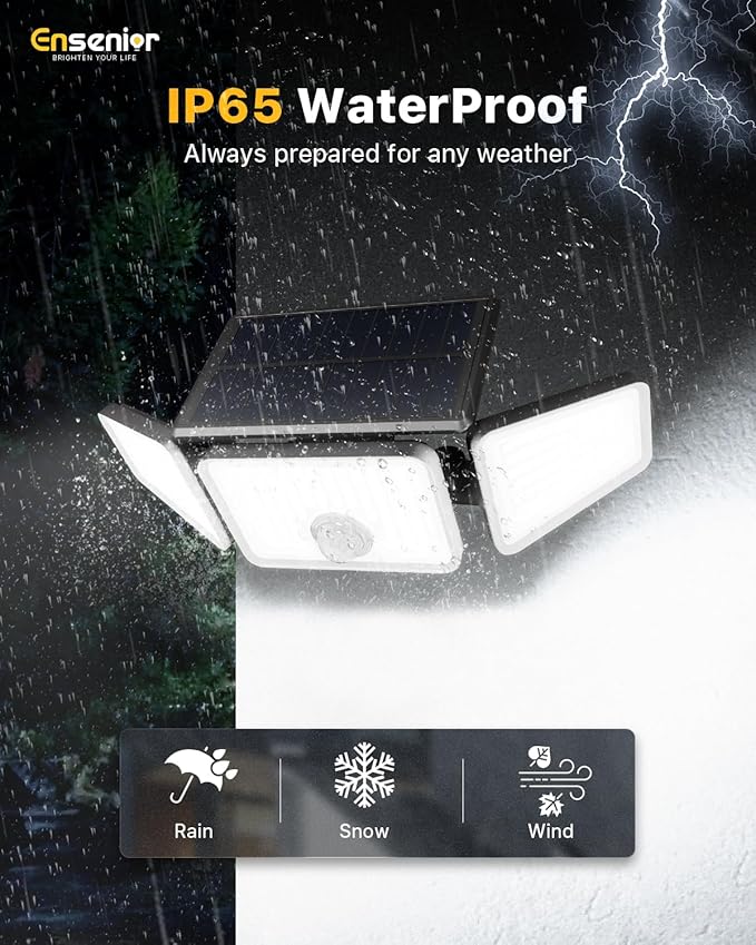 Ensenior Solar Lights Outdoor Motion Sensor, 2600LM 220 LED High Brightness, 3 Head 270° Wide Angle Flood Lights, Remote Control Security Lights 4 Modes, IP65 Waterproof Wireless Wall Light, 3 Pack