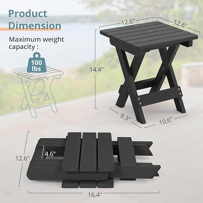 LUE BONA Small Outdoor Folding Side Table, HDPS Outside End Table for Patio, Porch, Deck, Pool, 14 Inch Height, Black
