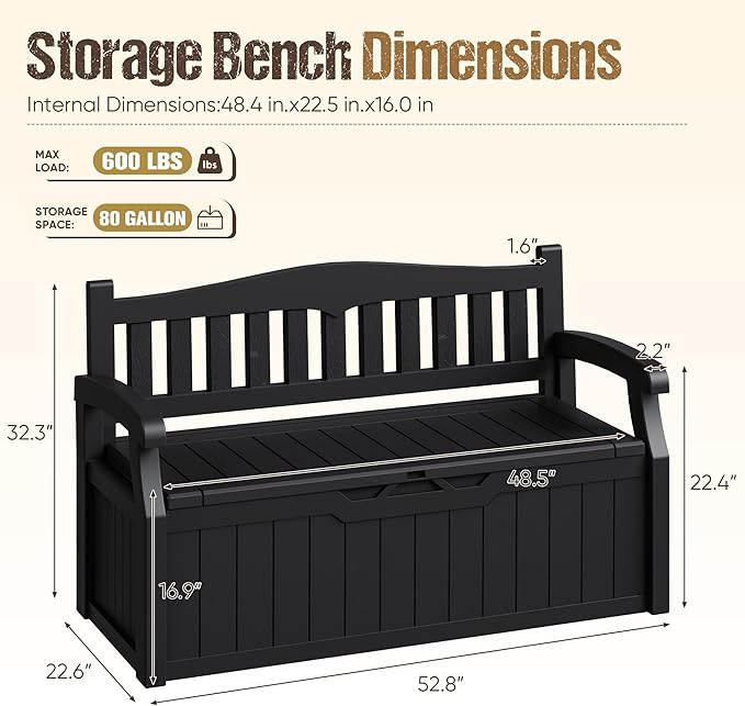 80-Gallon Outdoor Storage Bench, Waterproof Deck Box with Lockable Lid, Dark Black