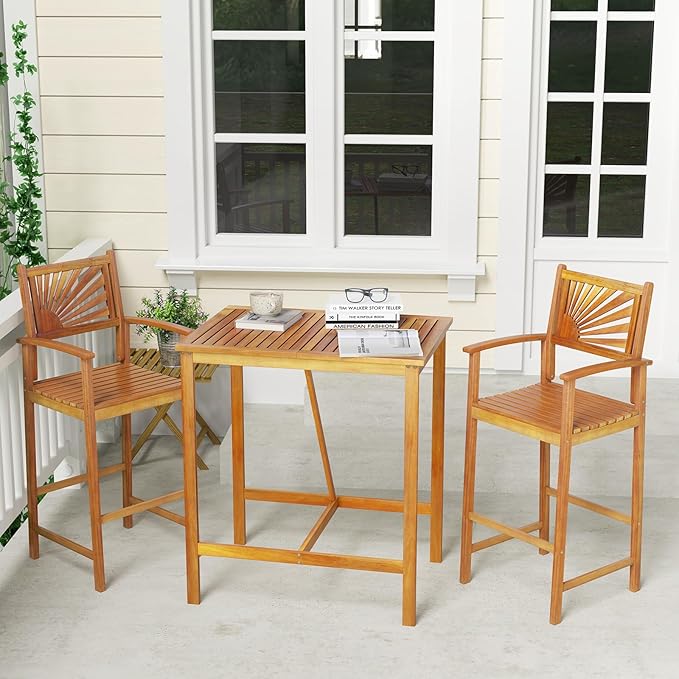 Tangkula 3 Piece Patio Bar Table & Chairs, Outdoor Acacia Wood Bar Set w/Slatted Seat & Tabletop, Wood Dining Bar Set w/Backrest, Armrests & Footrest for Backyard, Poolside, Balcony