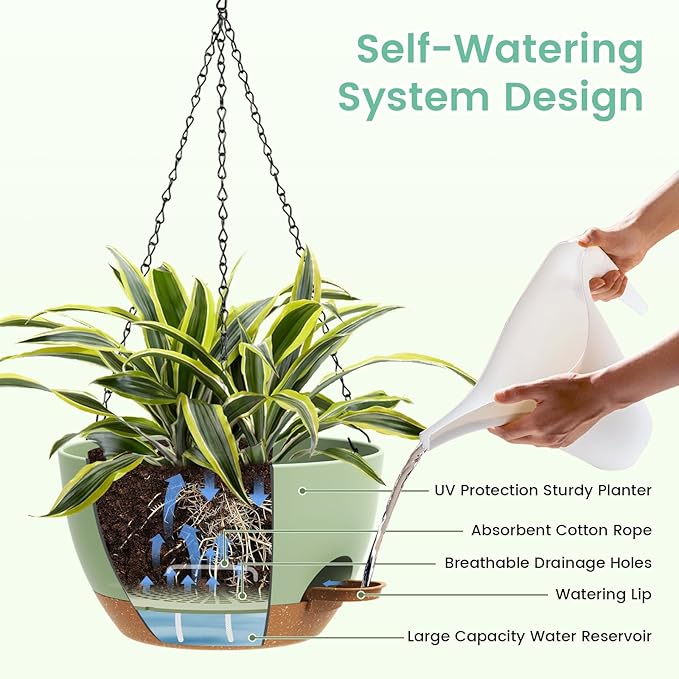 Set of 3-10 Inch Self Watering Hanging Planters for Indoor & Outdoor，Hanging Plant Pots with Drainage & Removable Tray, Hanging Pots Holder for Ivy, Ferns, Balcony & Patio, Green and Brown
