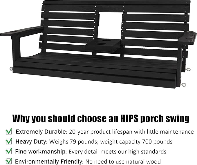 Poly Lumber 3-Seat Porch Swing, HIPS 5-Feet Bench Swing with Foldable Cup Holders,18/8 Stainless Steel Hardware, High Backrest and Deep Contoured Seat, Carbon Black