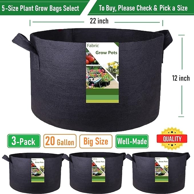 3-Pack 20 Gallon Thickened Plant Grow Bags Large (22x12 in) Heavy Duty Fabric Plant Pots Garden Bag for Tomato,Potato Planter,Flower Pots,Herbs Veggies Planting,Barrel Planter,Leaf Bag,Yard Waste Bags